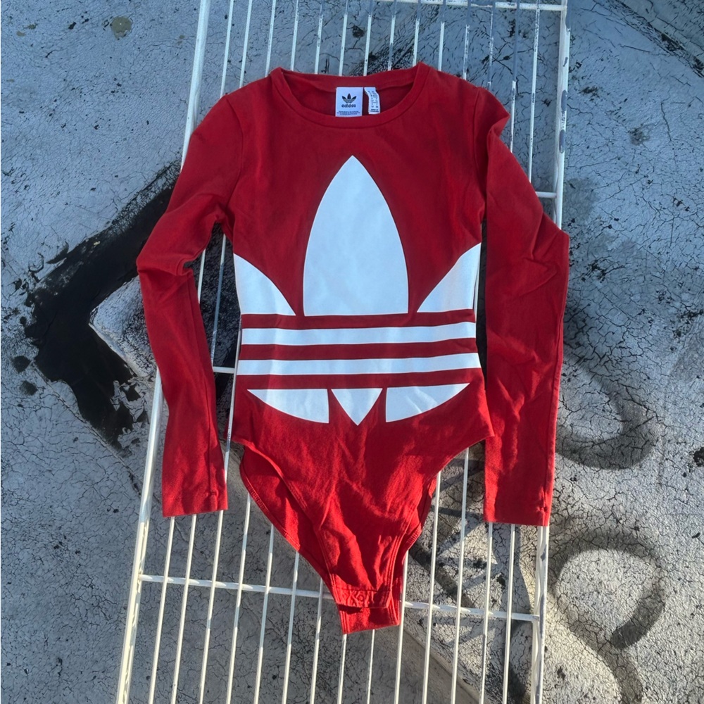 Adidas red and white long sleeve cotton bodysuit
